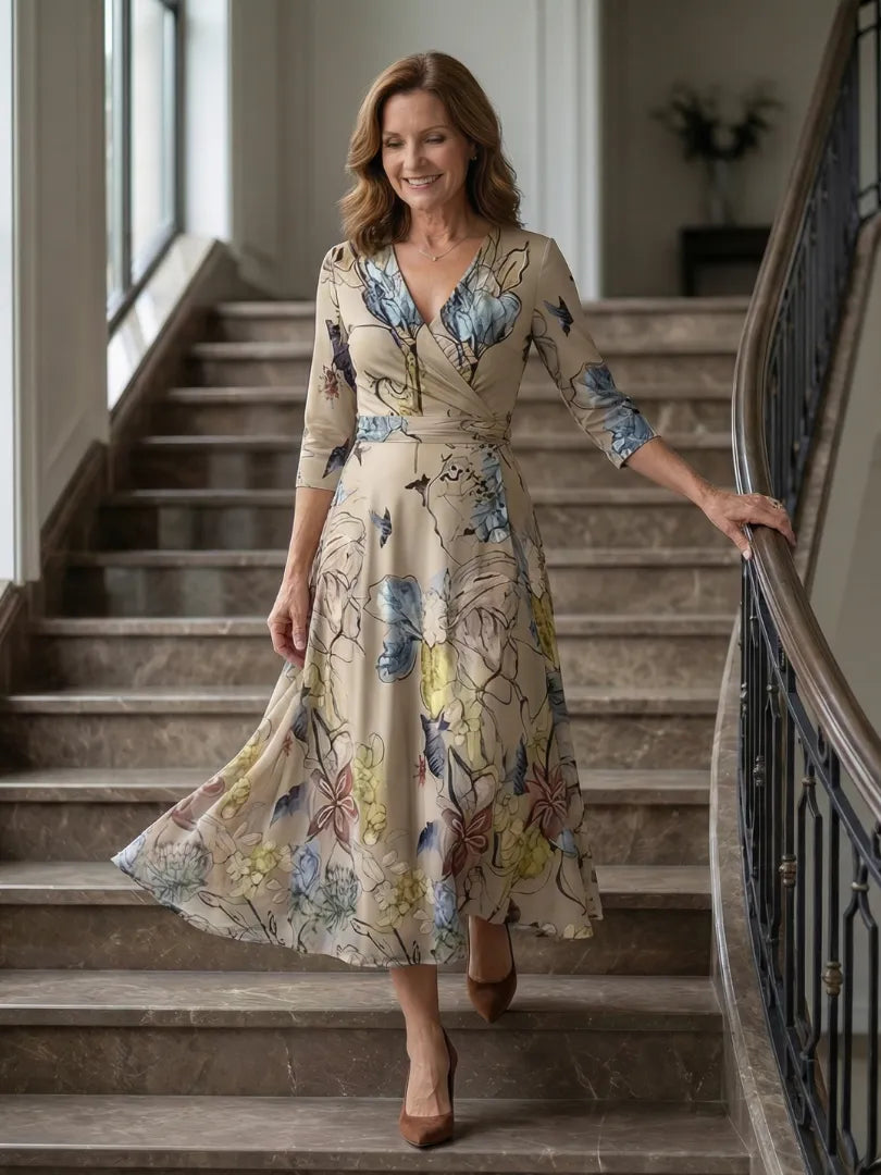 Women’s A-Line Wrap Midi Wedding Guest Dress with V-Neck