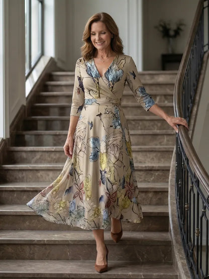 Women’s A-Line Wrap Midi Wedding Guest Dress with V-Neck