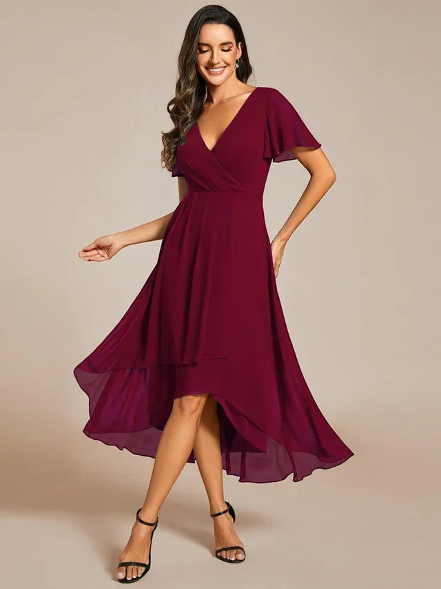 Women's A-Line Flowy Midi Wedding Guest Dress with V-Neck