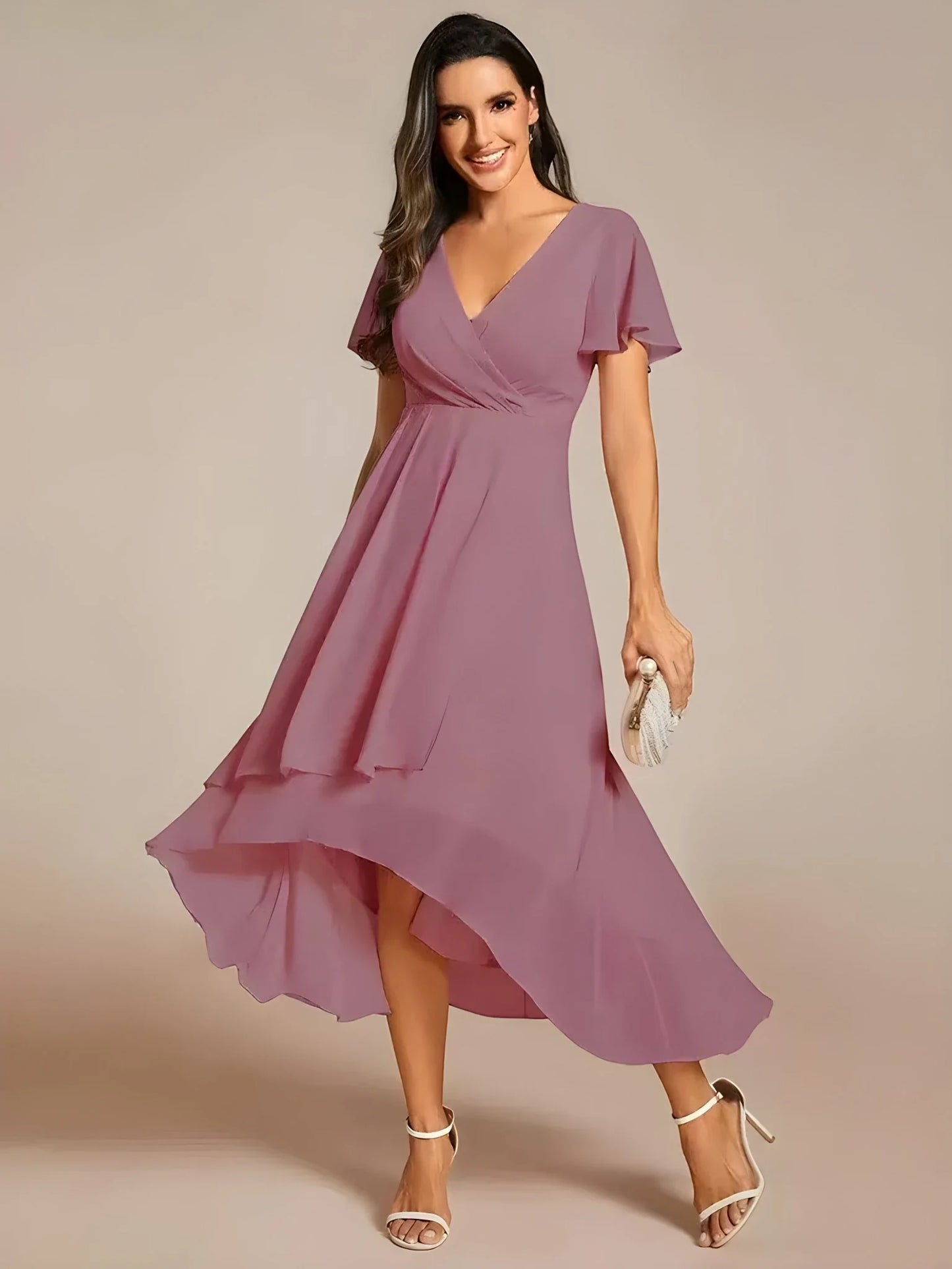 Women's A-Line Flowy Midi Wedding Guest Dress with V-Neck