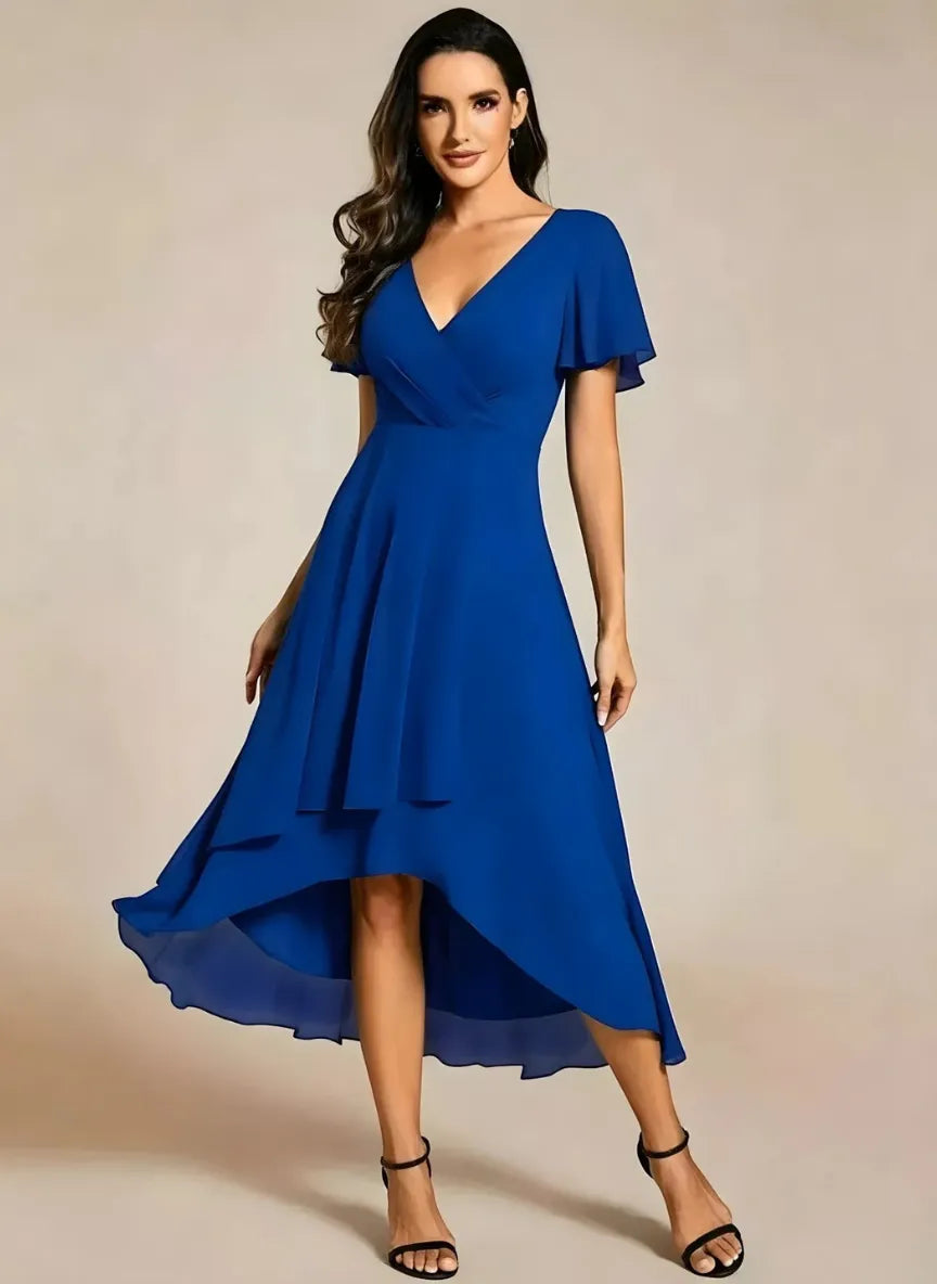 Women's A-Line Flowy Midi Wedding Guest Dress with V-Neck