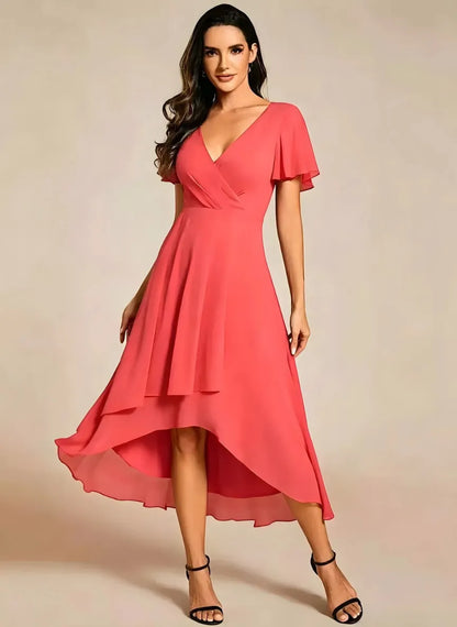 Women's A-Line Flowy Midi Wedding Guest Dress with V-Neck