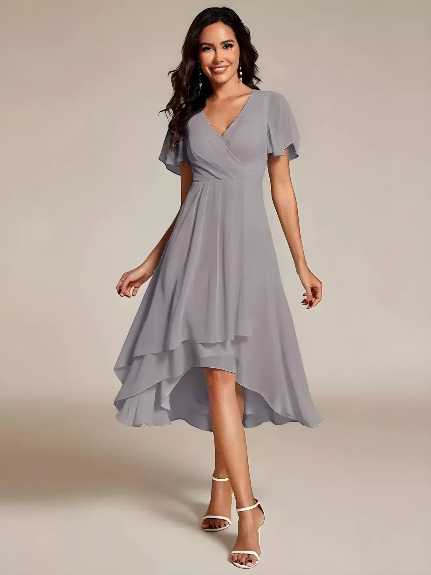 Women's A-Line Flowy Midi Wedding Guest Dress with V-Neck