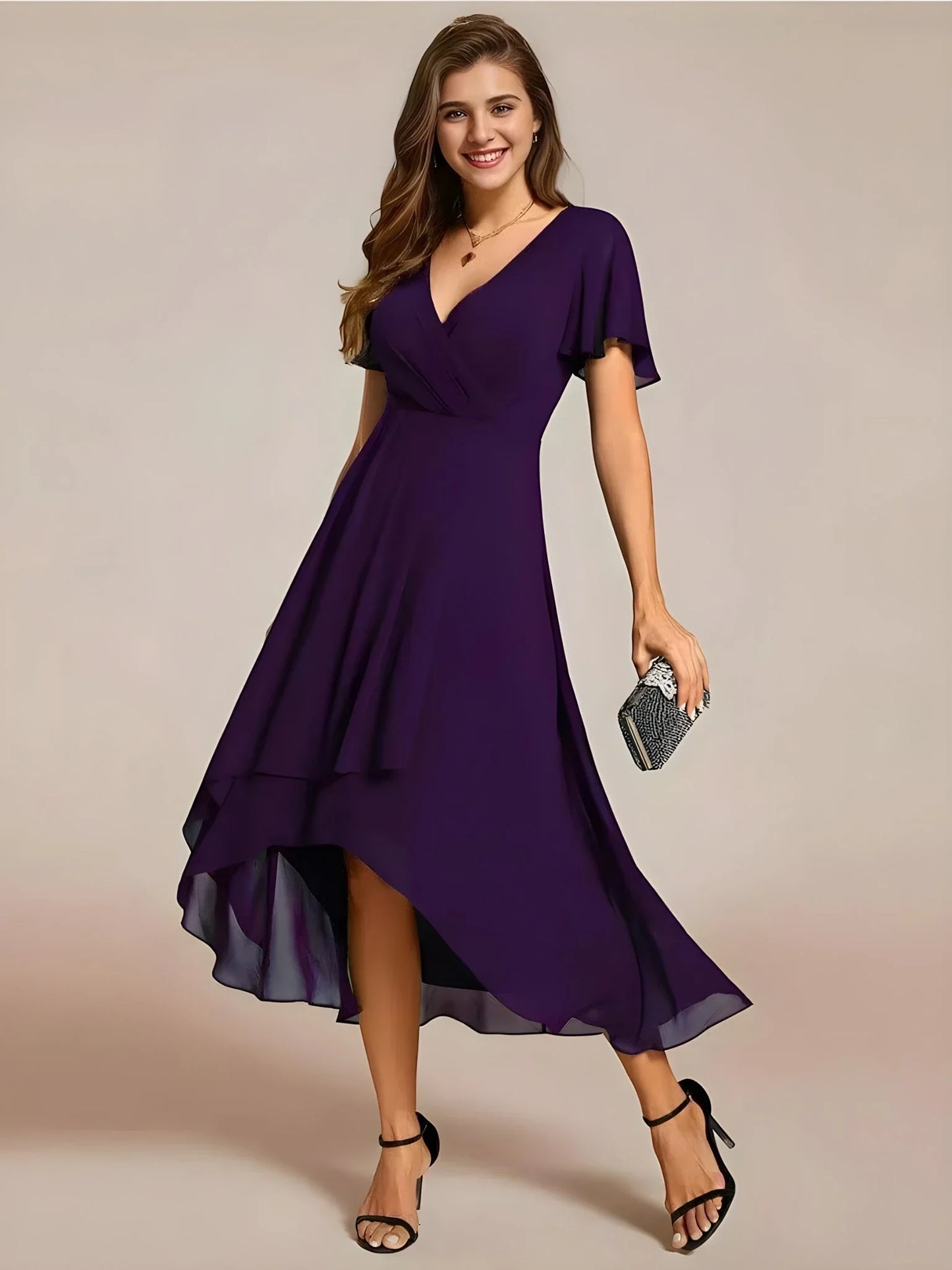 Women's A-Line Flowy Midi Wedding Guest Dress with V-Neck