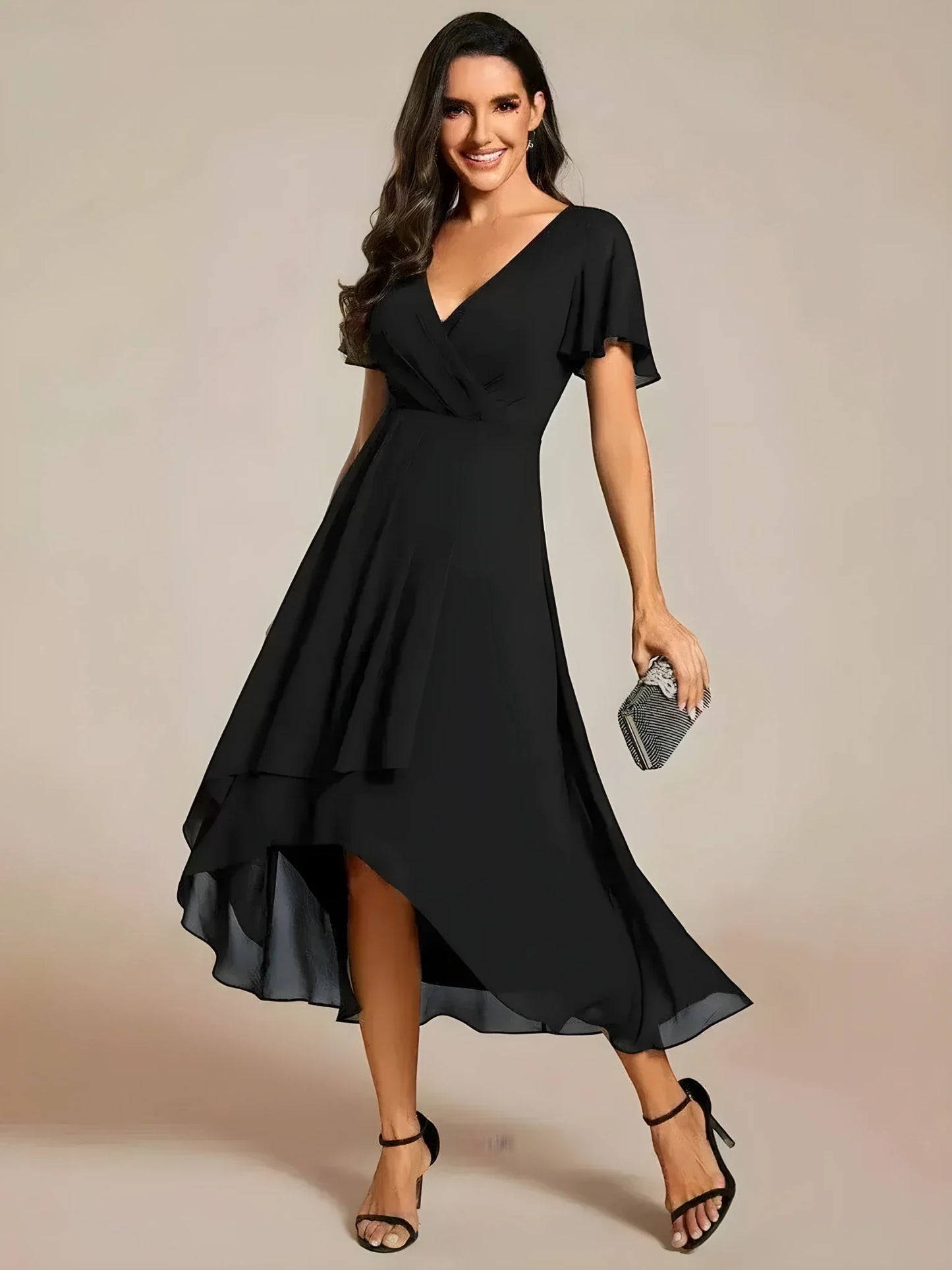 Women's A-Line Flowy Midi Wedding Guest Dress with V-Neck