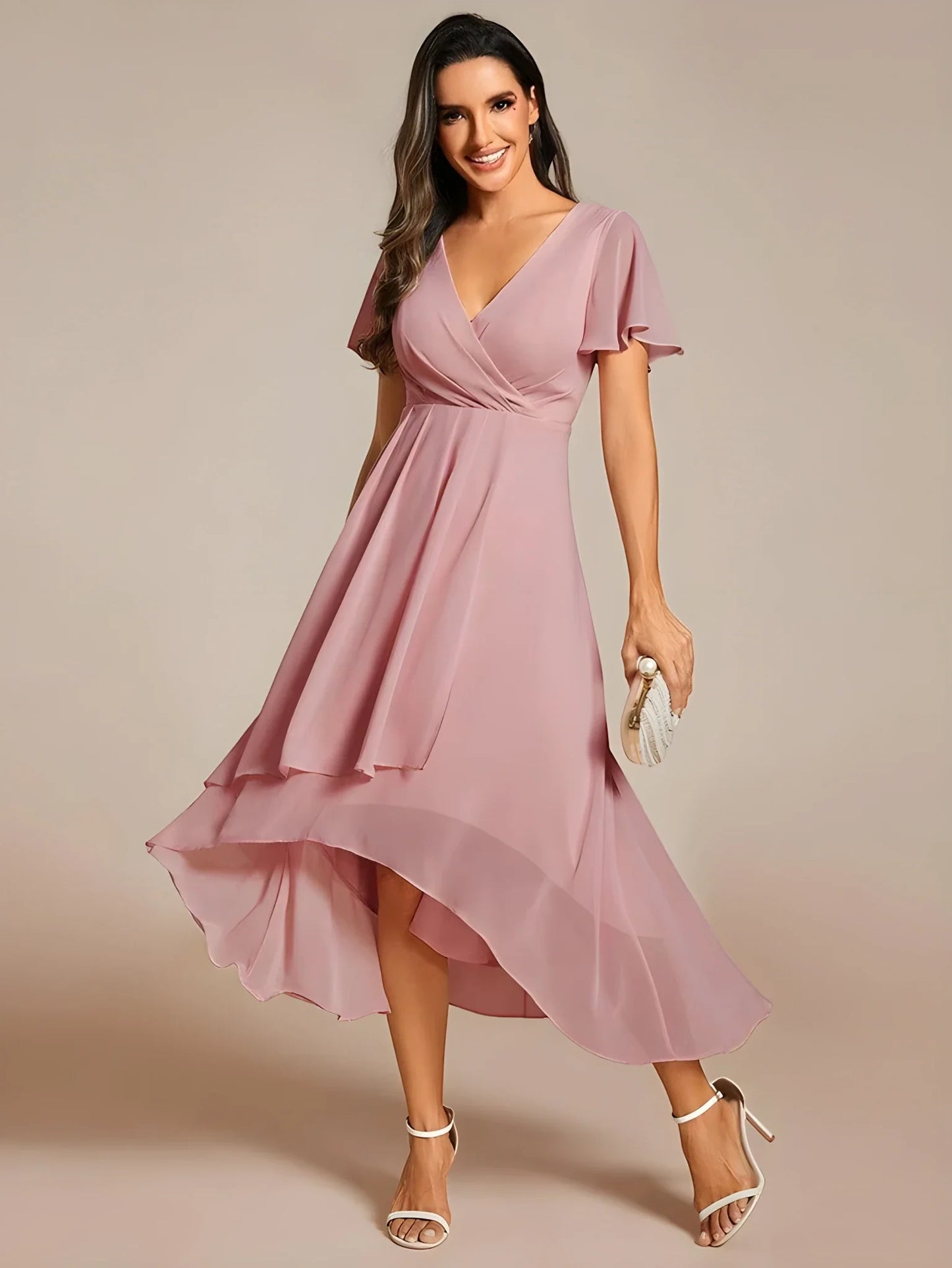 Women's A-Line Flowy Midi Wedding Guest Dress with V-Neck