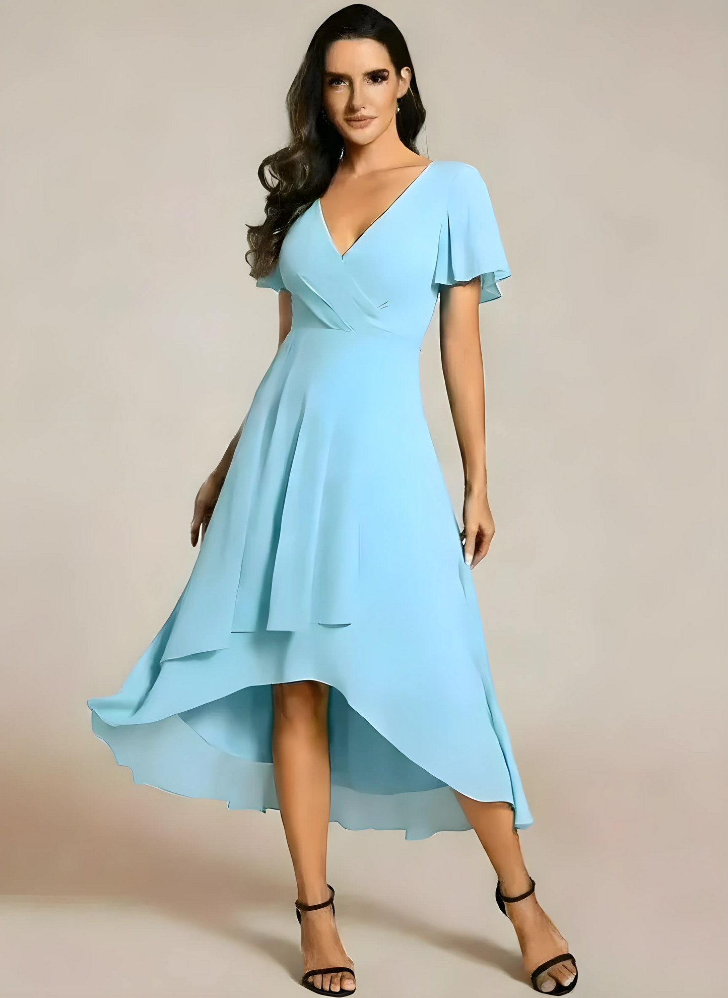 Women's A-Line Flowy Midi Wedding Guest Dress with V-Neck
