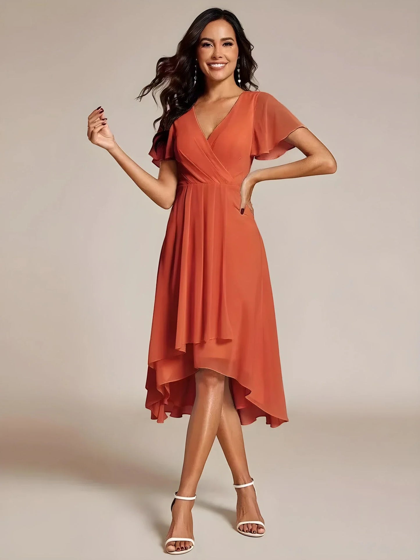 Women's A-Line Flowy Midi Wedding Guest Dress with V-Neck