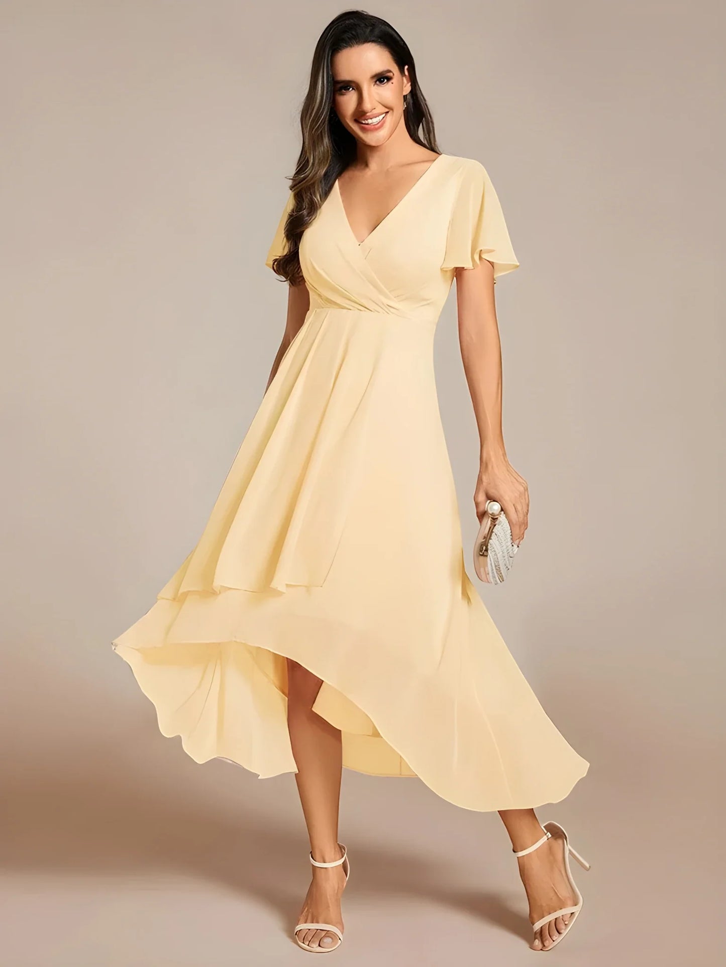 Women's A-Line Flowy Midi Wedding Guest Dress with V-Neck