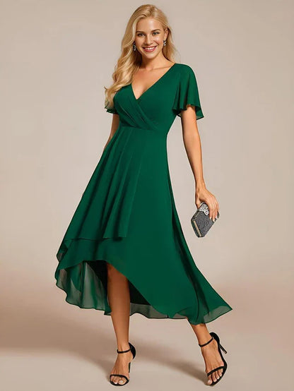Women's A-Line Flowy Midi Wedding Guest Dress with V-Neck