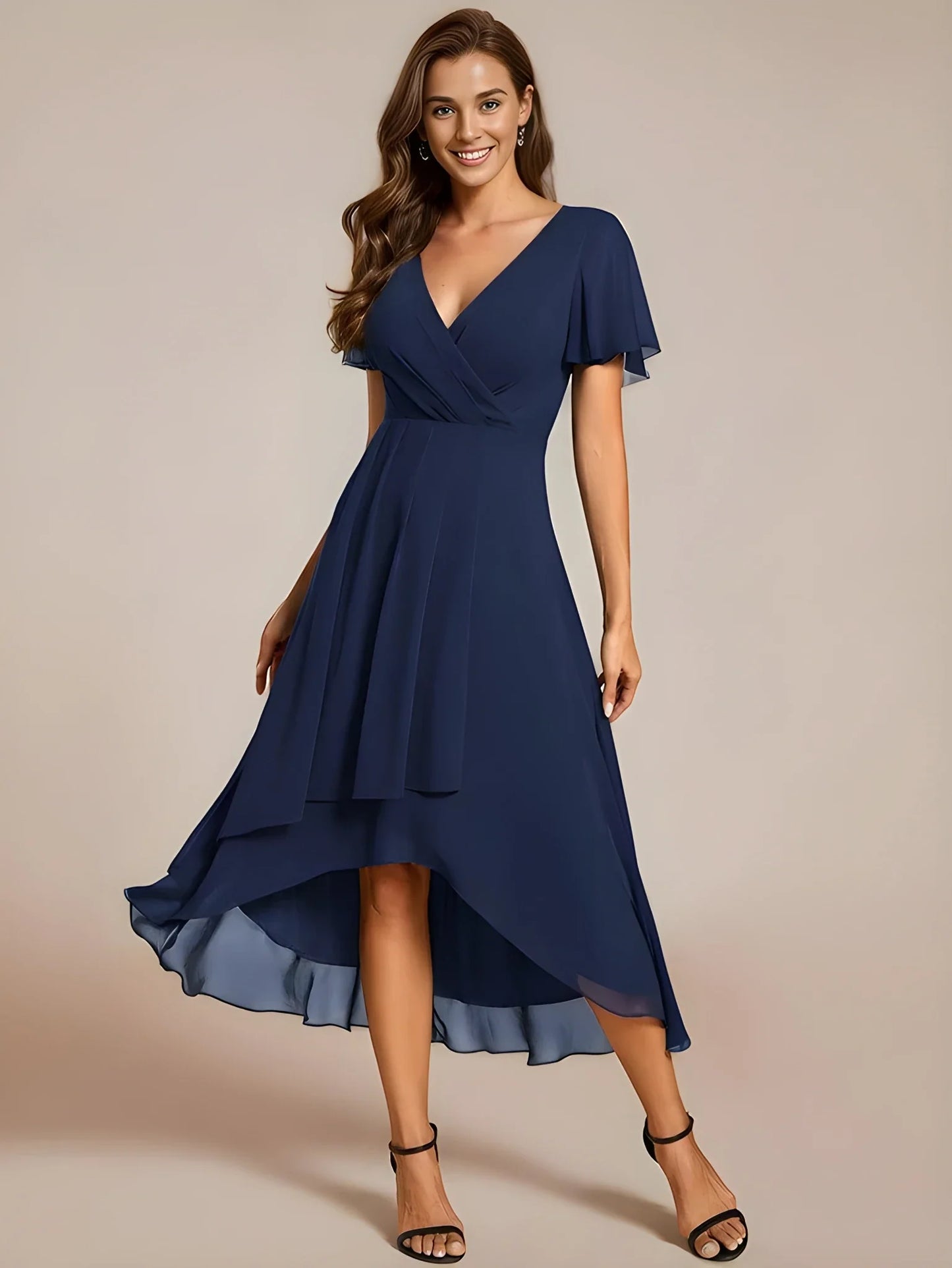 Women's A-Line Flowy Midi Wedding Guest Dress with V-Neck