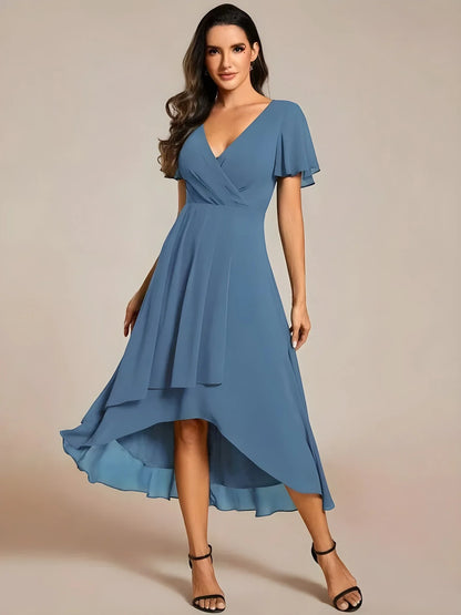Women's A-Line Flowy Midi Wedding Guest Dress with V-Neck