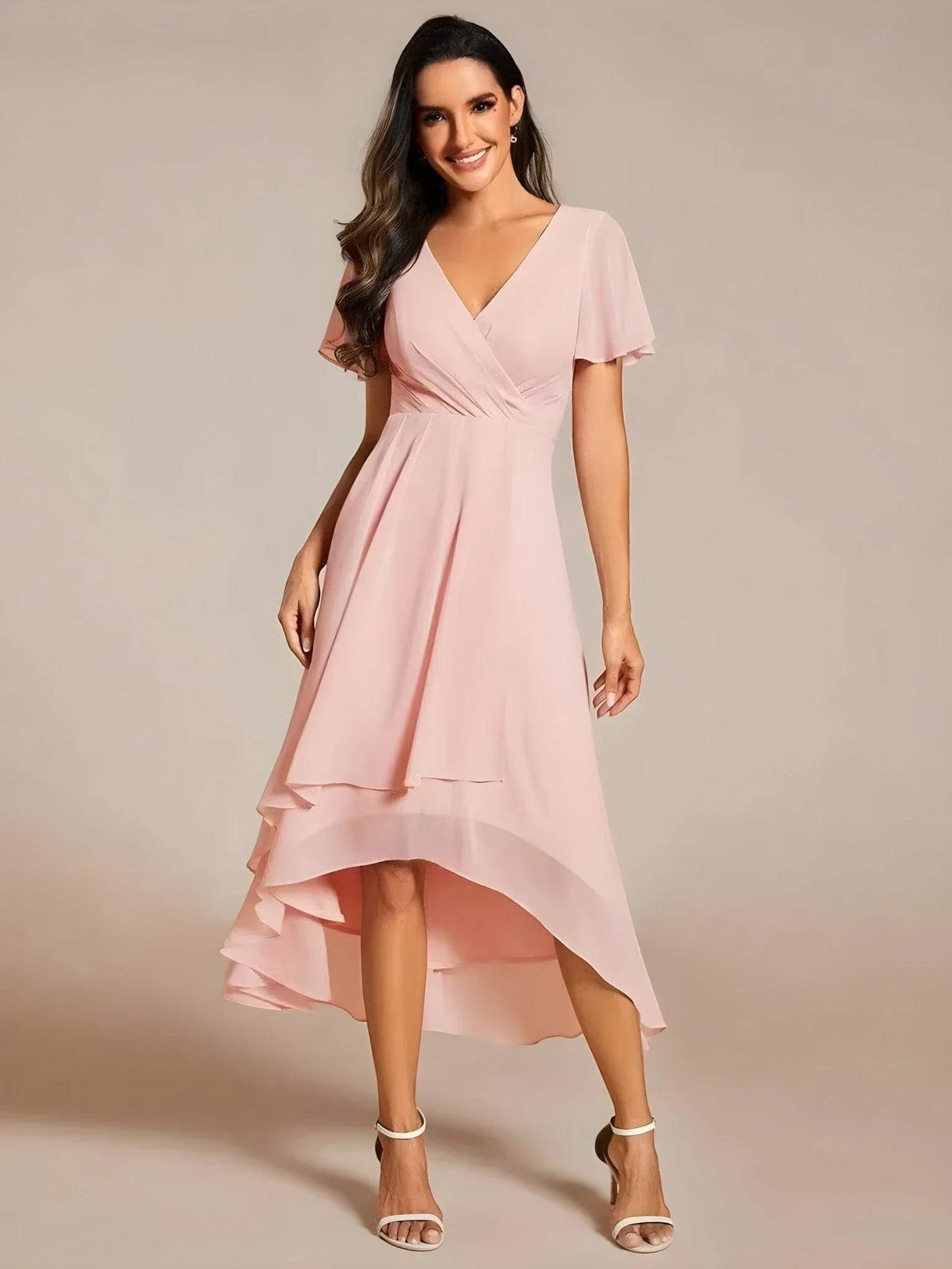 Women's A-Line Flowy Midi Wedding Guest Dress with V-Neck