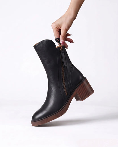 Women's Ankle Block Heel Boots with Side Zipper