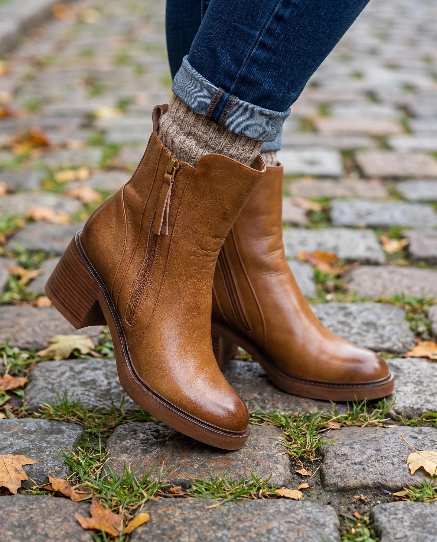 Women's Ankle Block Heel Boots with Side Zipper