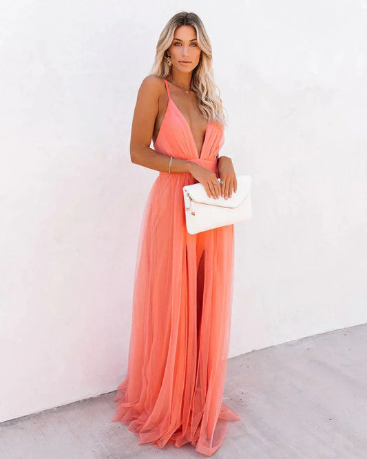 Women's Backless Flowy Maxi Wedding Guest Dress with V-Neck