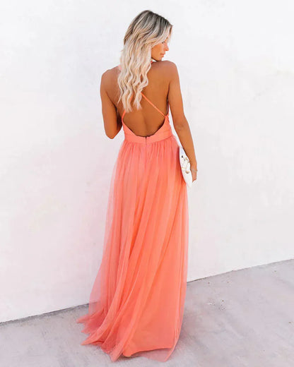 Women's Backless Flowy Maxi Wedding Guest Dress with V-Neck