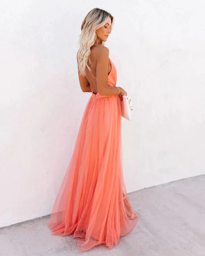 Women's Backless Flowy Maxi Wedding Guest Dress with V-Neck