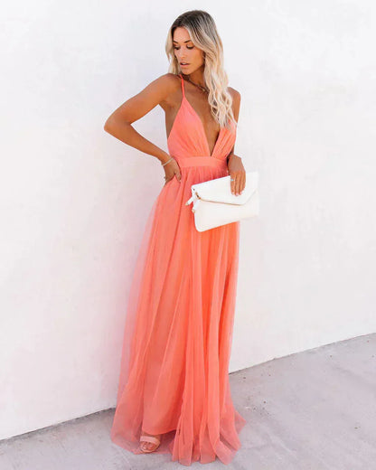 Women's Backless Flowy Maxi Wedding Guest Dress with V-Neck