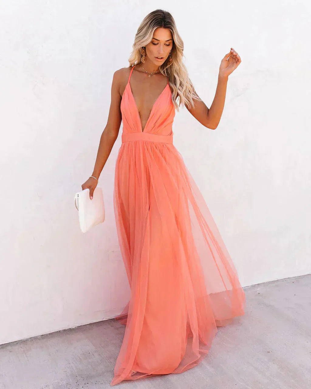 Women's Backless Flowy Maxi Wedding Guest Dress with V-Neck