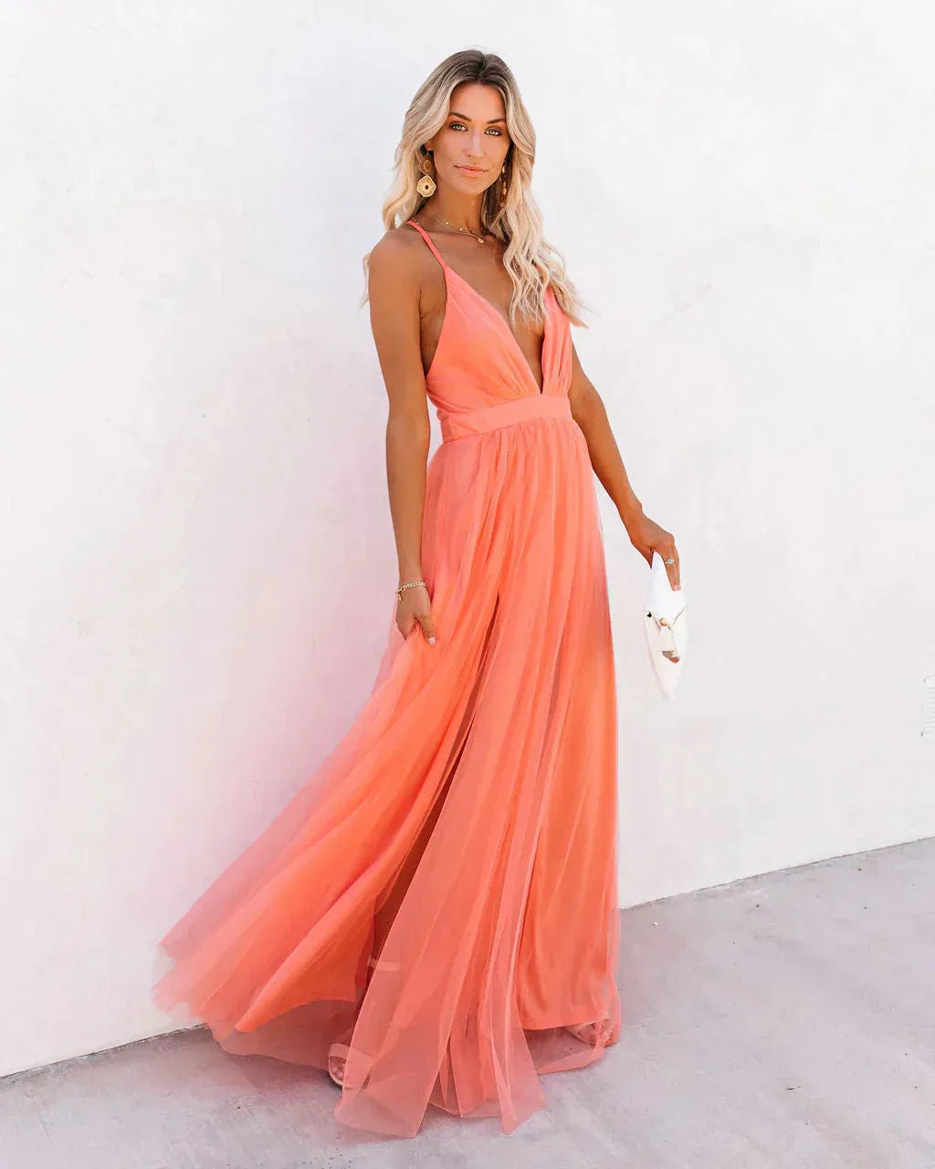 Women's Backless Flowy Maxi Wedding Guest Dress with V-Neck