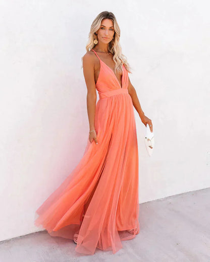 Women's Backless Flowy Maxi Wedding Guest Dress with V-Neck