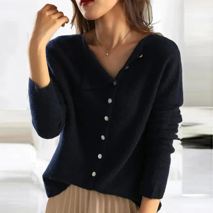 Women's Button-Front Cardigan with Button Closure and Ribbed Cuffs