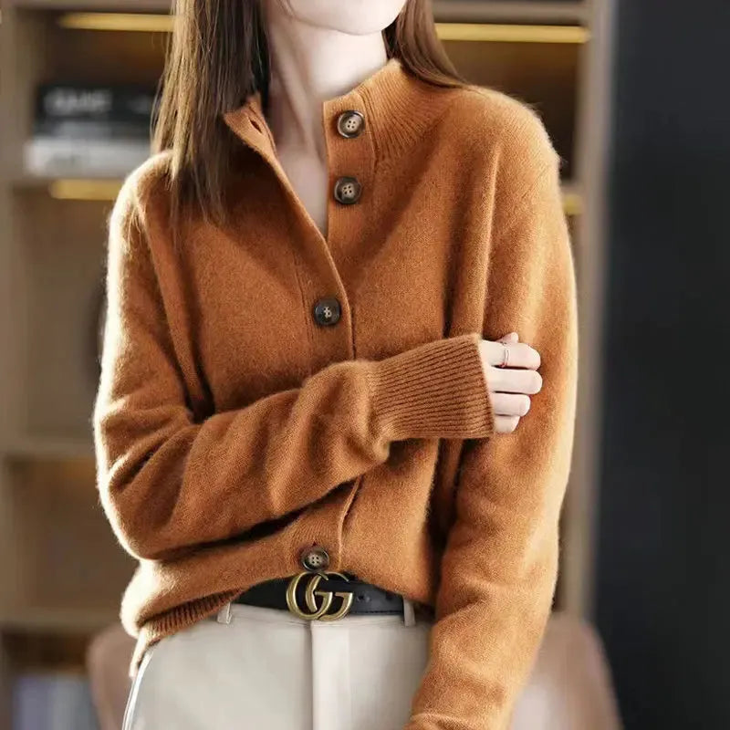 Women's Button-Front Cardigan with Button Closure and Ribbed Hem