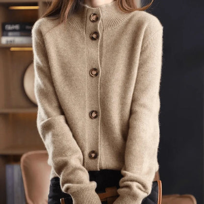 Women's Button-Front Cardigan with Ribbed Cuffs and Ribbed Hem
