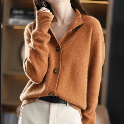 Women's Button-Front Cardigan with Ribbed Cuffs and Ribbed Hem