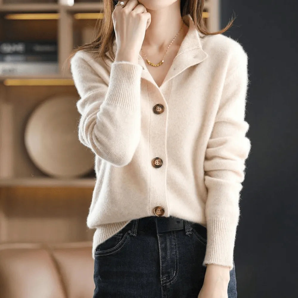 Women's Button-Front Cardigan with Ribbed Cuffs and Ribbed Hem