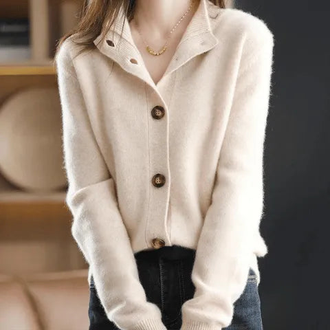 Women's Button-Front Cardigan with Ribbed Cuffs and Ribbed Hem