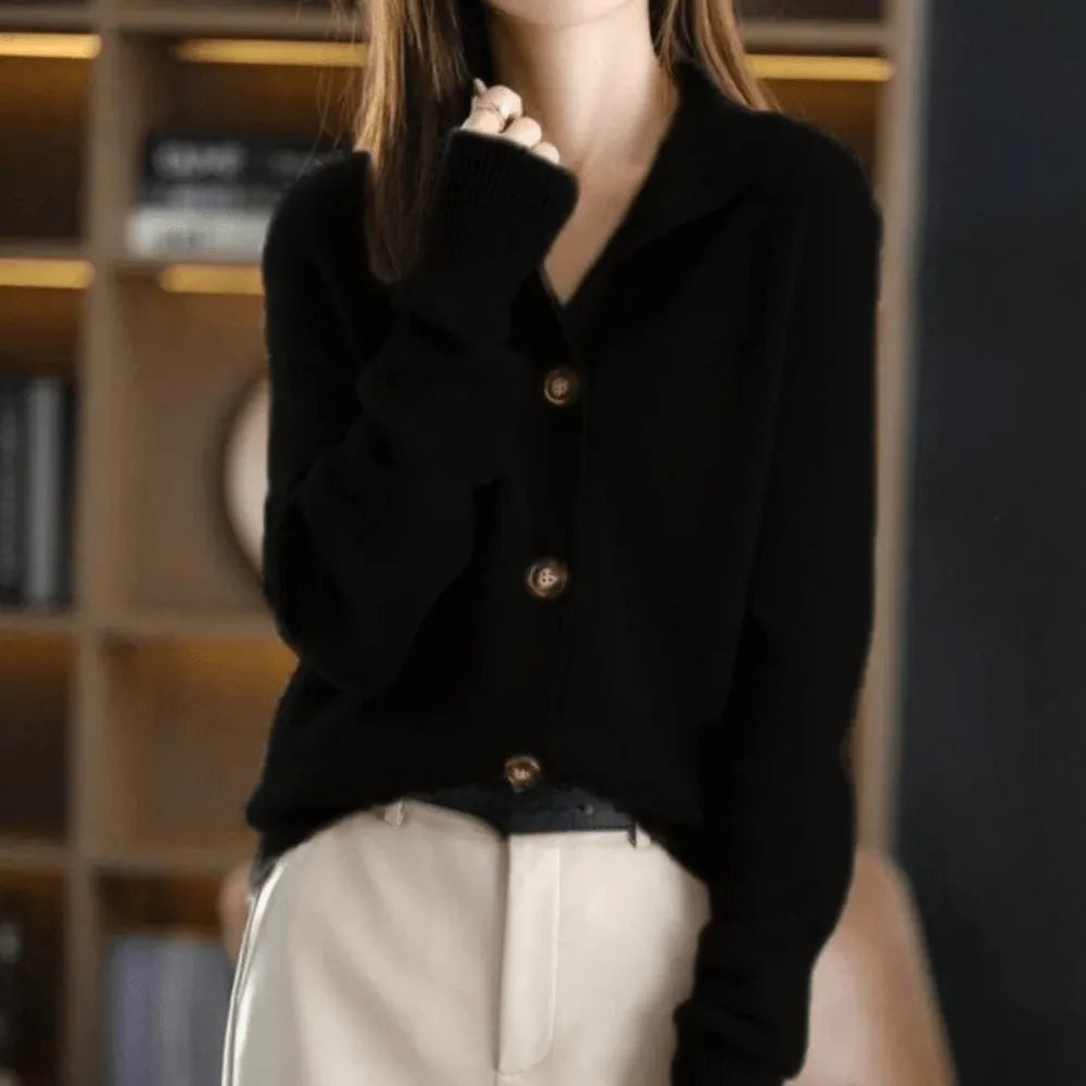 Women's Button-Front Cardigan with Ribbed Cuffs and Ribbed Hem