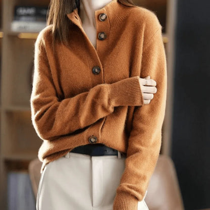 Women's Button-Front Cardigan with Ribbed Cuffs and Ribbed Hem