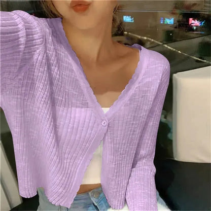 Women's Cropped Cardigan with Button Closure and V-Neck