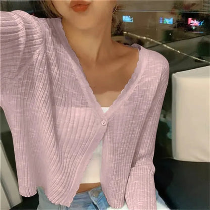 Women's Cropped Cardigan with Button Closure and V-Neck