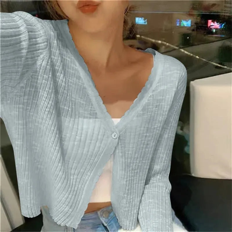 Women's Cropped Cardigan with Button Closure and V-Neck