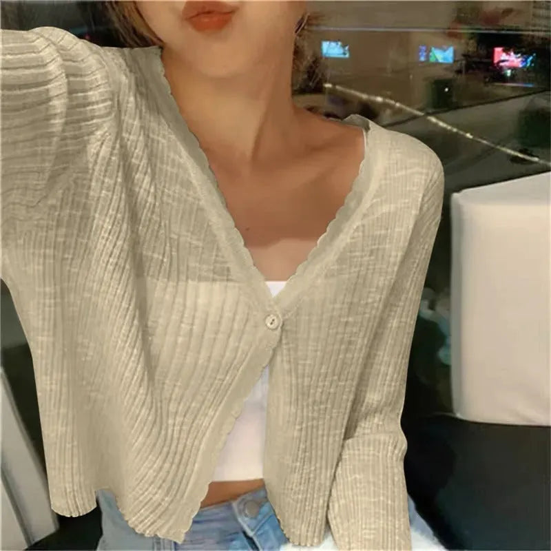 Women's Cropped Cardigan with Button Closure and V-Neck