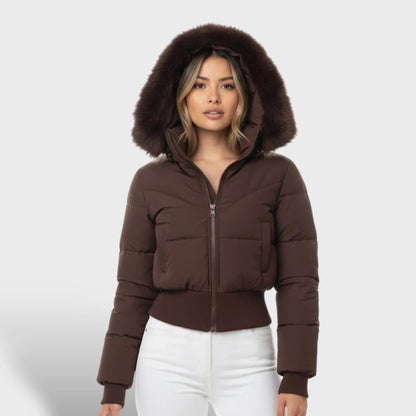 Women's Cropped Fluffy Jacket with Fur Trim