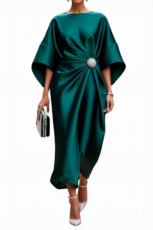 Women's Elegant A-Line Midi Wedding Guest Dress with Boat Neck
