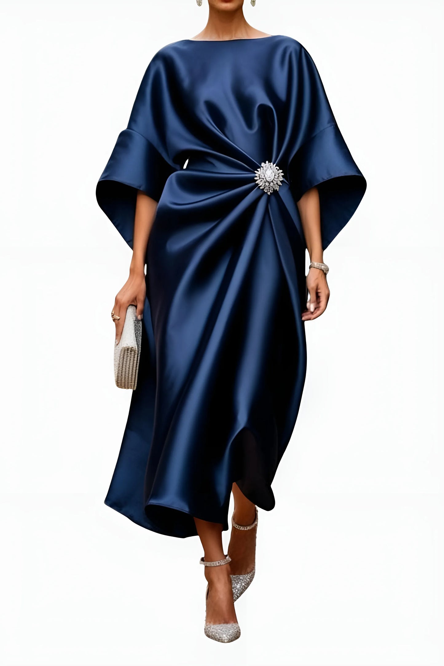 Women's Elegant A-Line Midi Wedding Guest Dress with Boat Neck