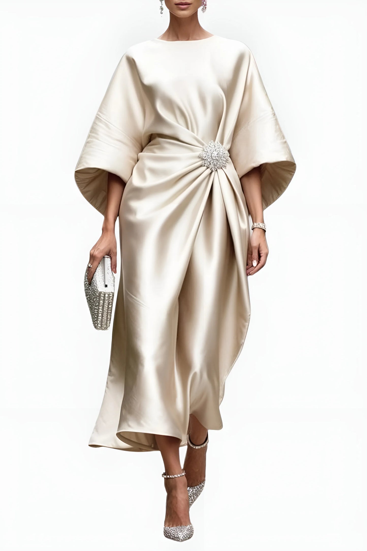 Women's Elegant A-Line Midi Wedding Guest Dress with Boat Neck