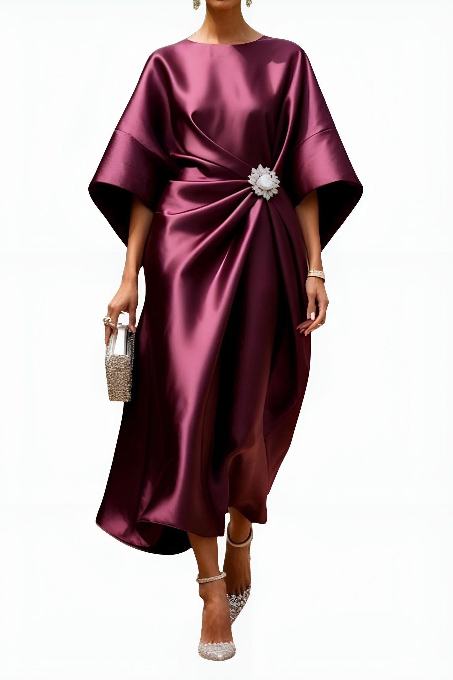 Women's Elegant A-Line Midi Wedding Guest Dress with Boat Neck