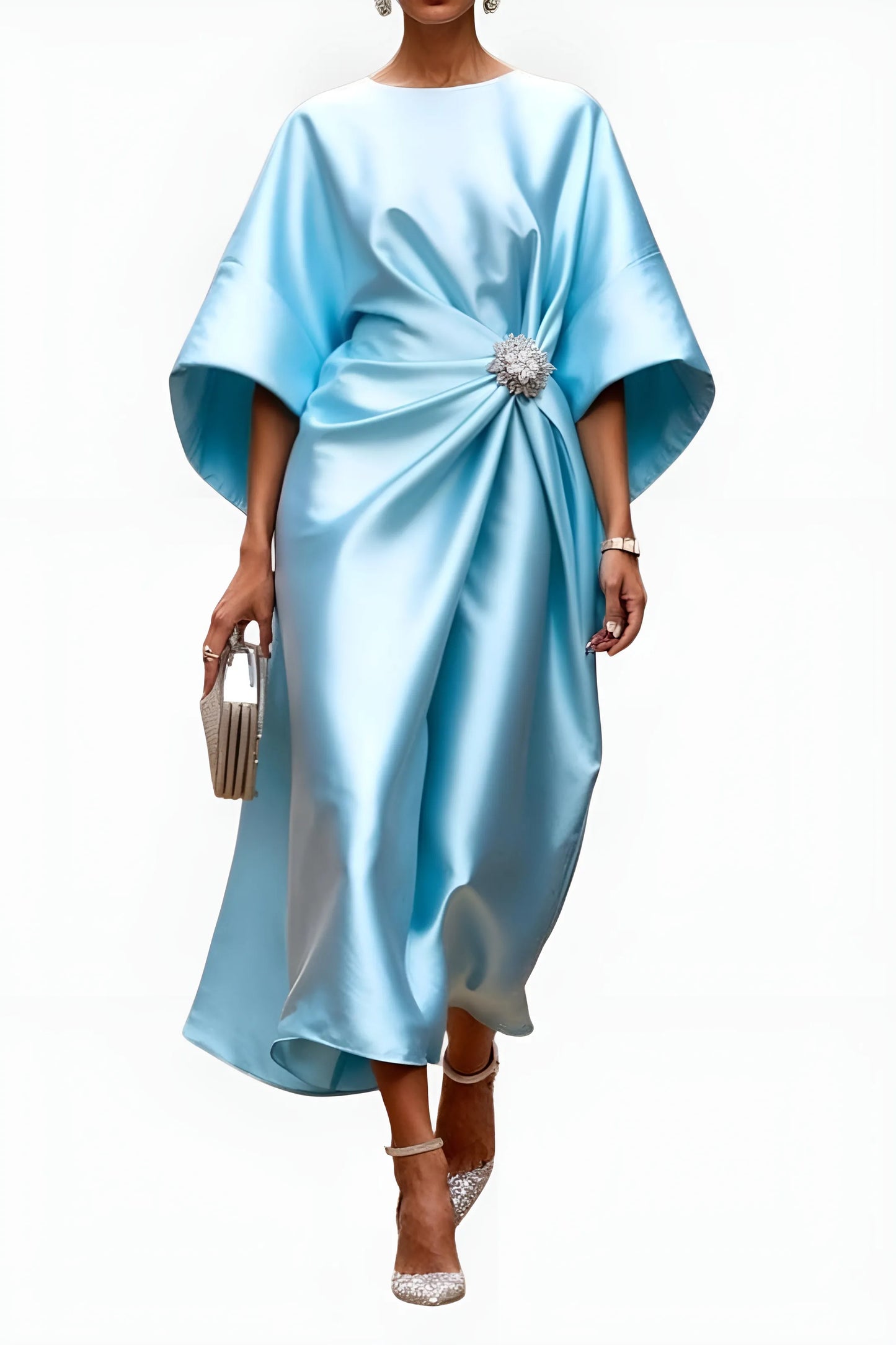 Women's Elegant A-Line Midi Wedding Guest Dress with Boat Neck