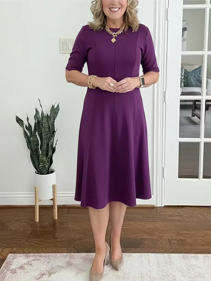 Women's Elegant A-Line Midi Wedding Guest Dress with Crew Neck