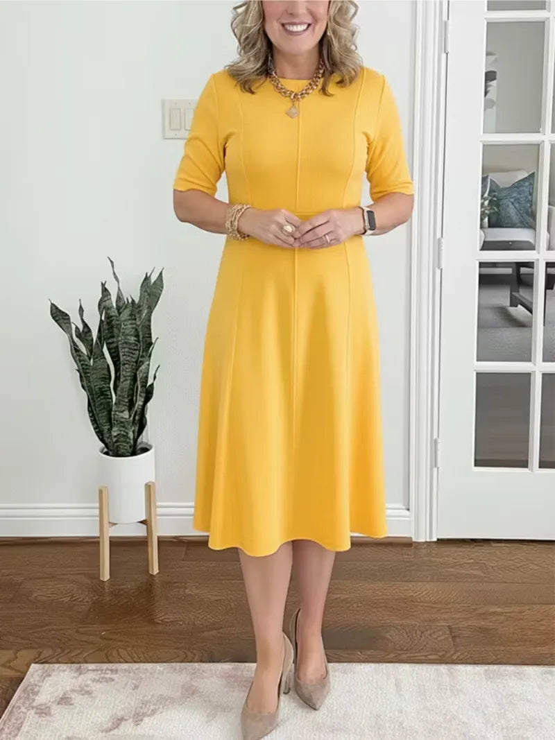 Women's Elegant A-Line Midi Wedding Guest Dress with Crew Neck