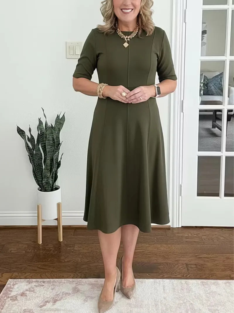 Women's Elegant A-Line Midi Wedding Guest Dress with Crew Neck