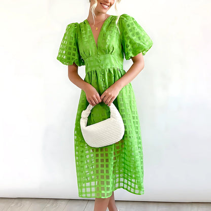 Women's Elegant A-Line Midi Wedding Guest Dress with Puff Sleeves