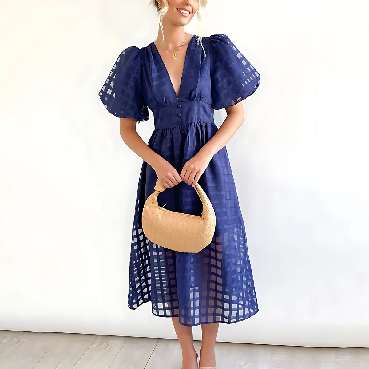 Women's Elegant A-Line Midi Wedding Guest Dress with Puff Sleeves