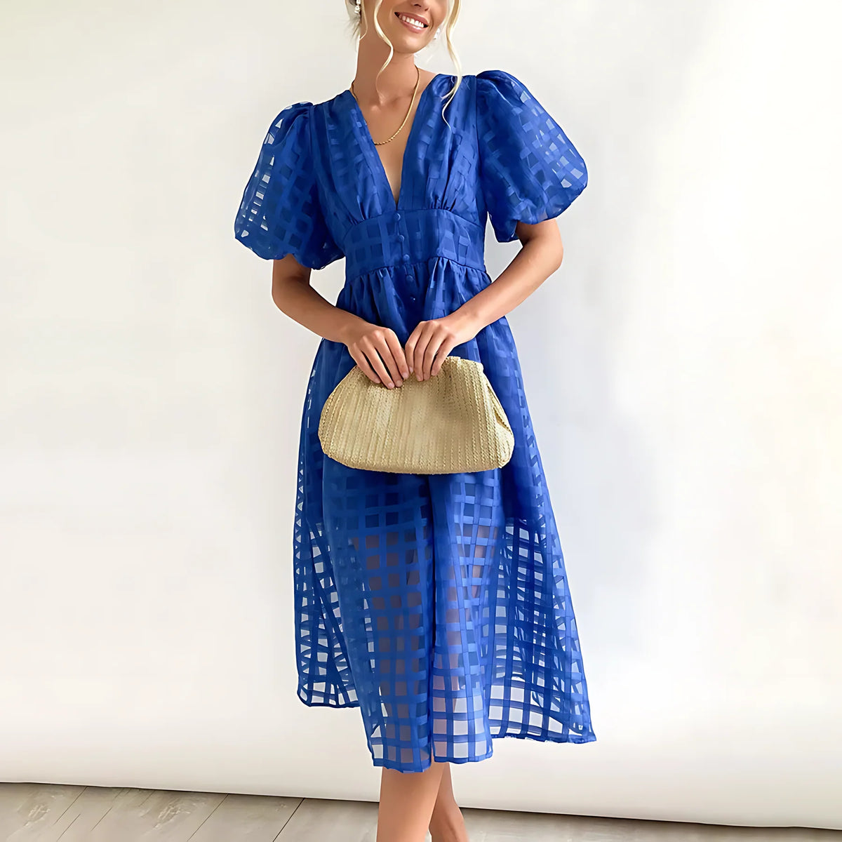Women's Elegant A-Line Midi Wedding Guest Dress with Puff Sleeves